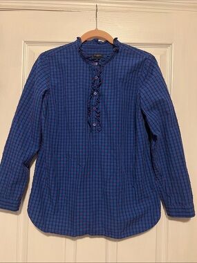 Talbots Navy and Red Checked Ruffle Henley